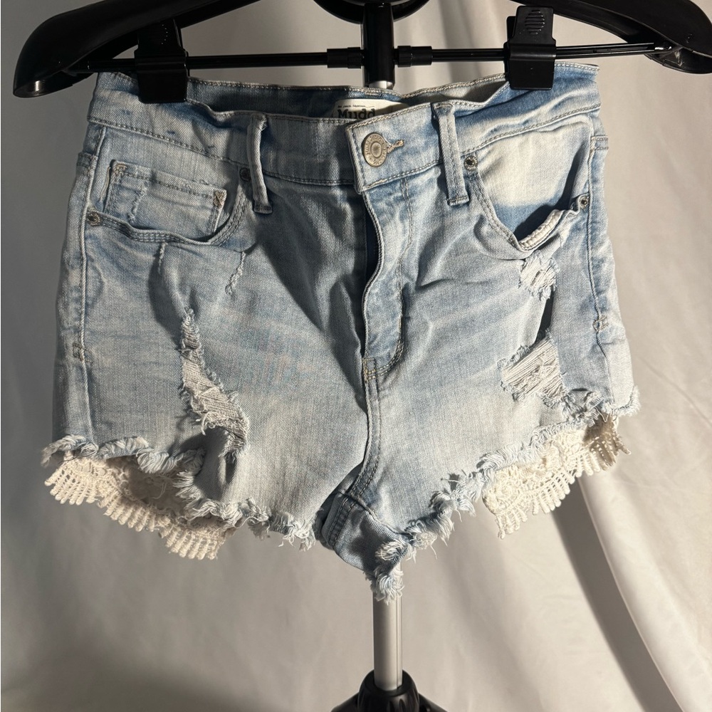 Mudd Light Wash Denim Shorts with Lace Detail